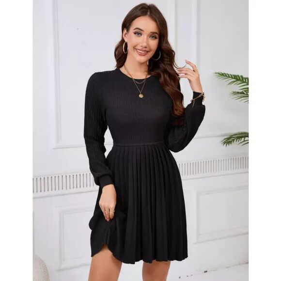 Sweater Dress Long Sleeve with Lapel Collar Pleated Midi Dress Size XL - Picture 5 of 5